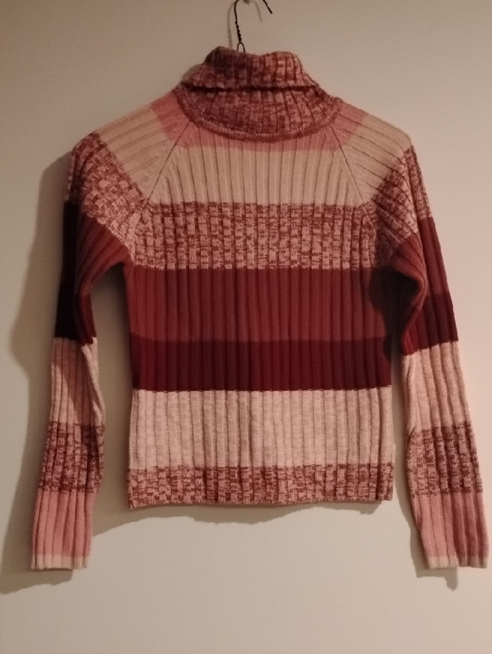 Striped Knit Turtleneck Sweater in Pink and Cream